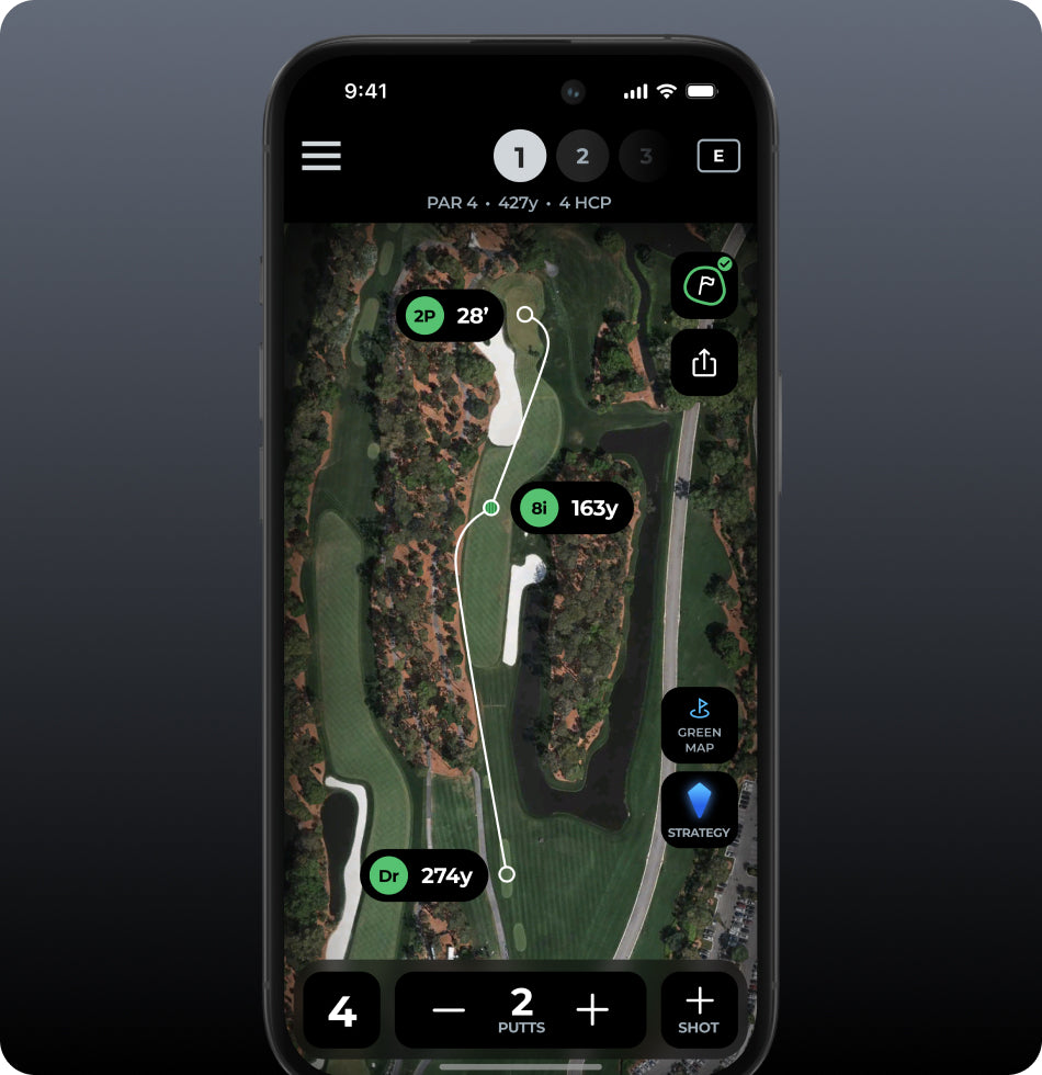 Phone showing automatic shot tracking on a course aerial